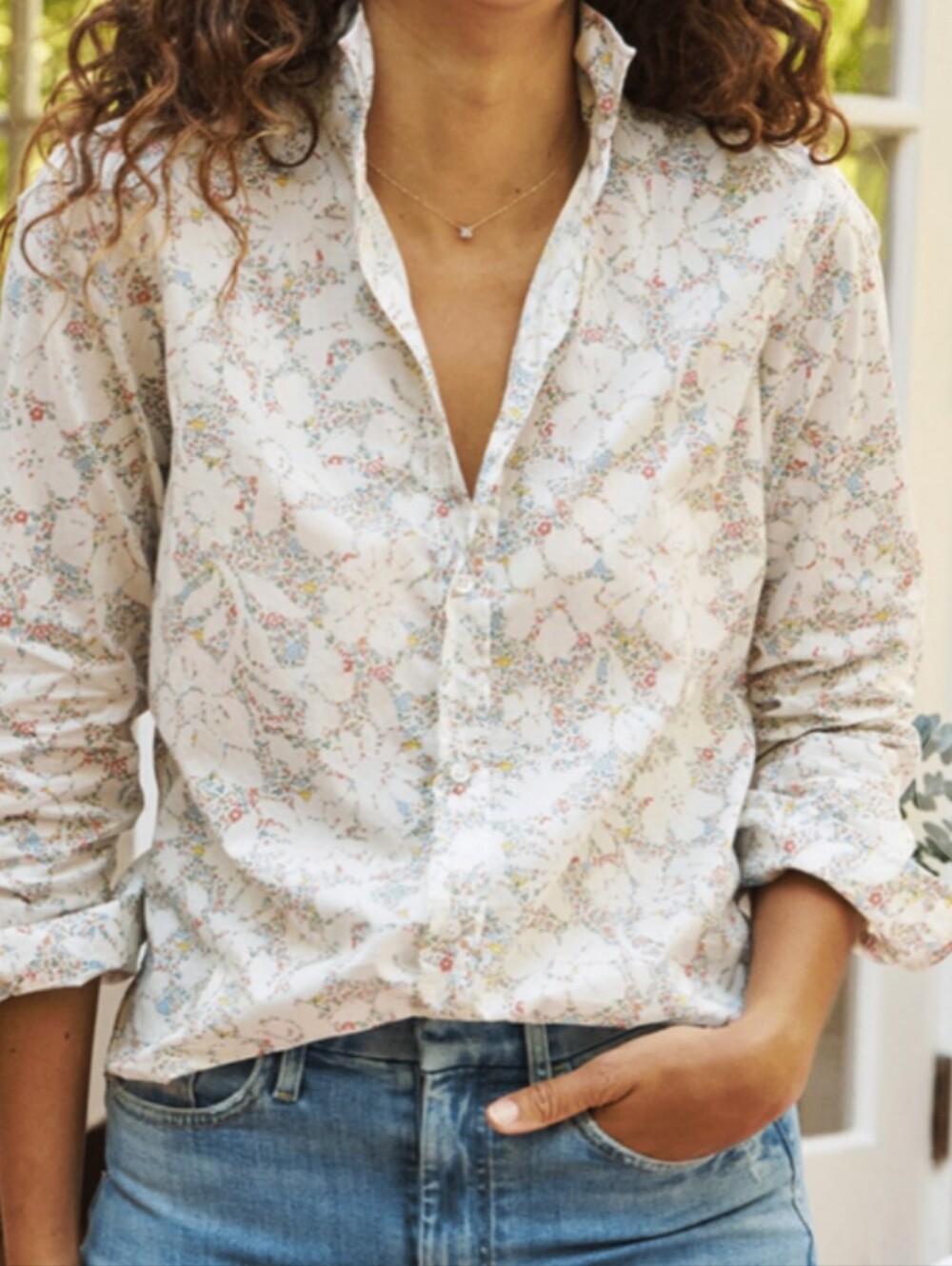FRANK & EILEEN | Women's White w/ Tiny Multicolor Floral Print V-Neck Shirt